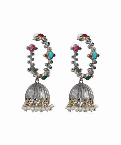 Oxidised hoop earrings with colorful glass stones and faux pearl jhumka drops