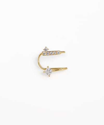 Gold-tone earring with a curved bar and square and round stones