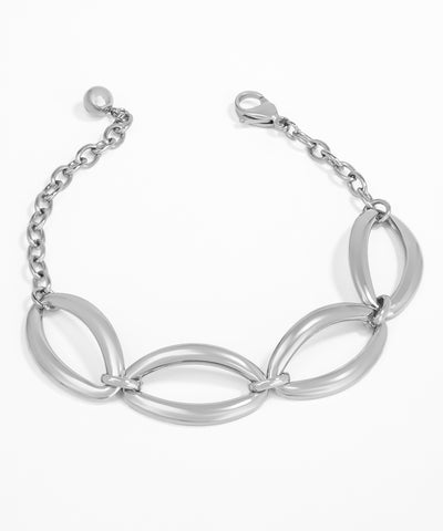Silver bracelet with interlocking loops on a white background