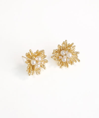 Gold earrings with pearl-like stones  in a nest of bird on a white background