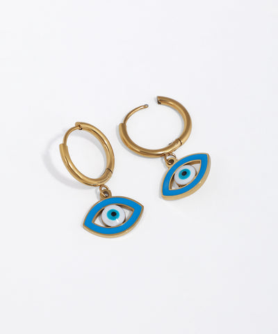 Gold-tone hoop earrings with an oval evil eye charm featuring blue and white enamel.