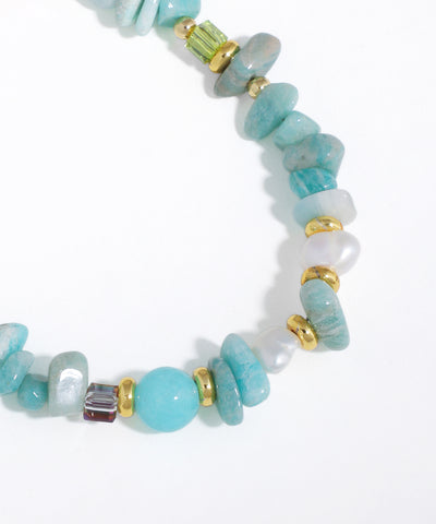 Beaded necklace with turquoise, white, and gold beads on a white background