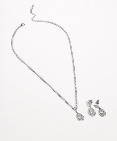 Rhodium finish necklace set with sparkling clear stone chain and teardrop CZ pendants and earrings