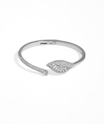 Silver bracelet with leaf design on a white background