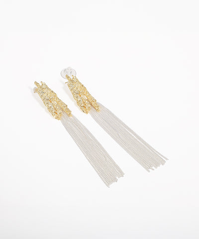 Gold-tone and silver-tone drop earrings with textured organic stud and chain fringe