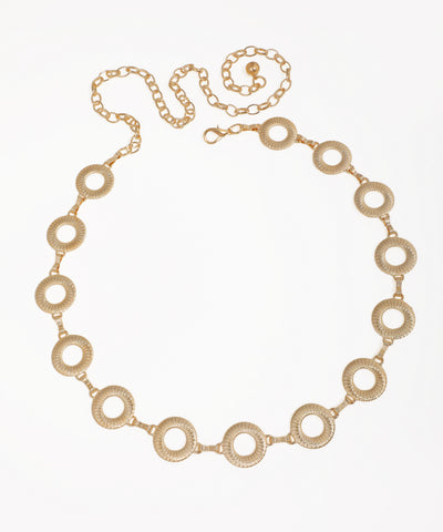 Gold-tone waist chains with interlinked textured rings and adjustable chain length.