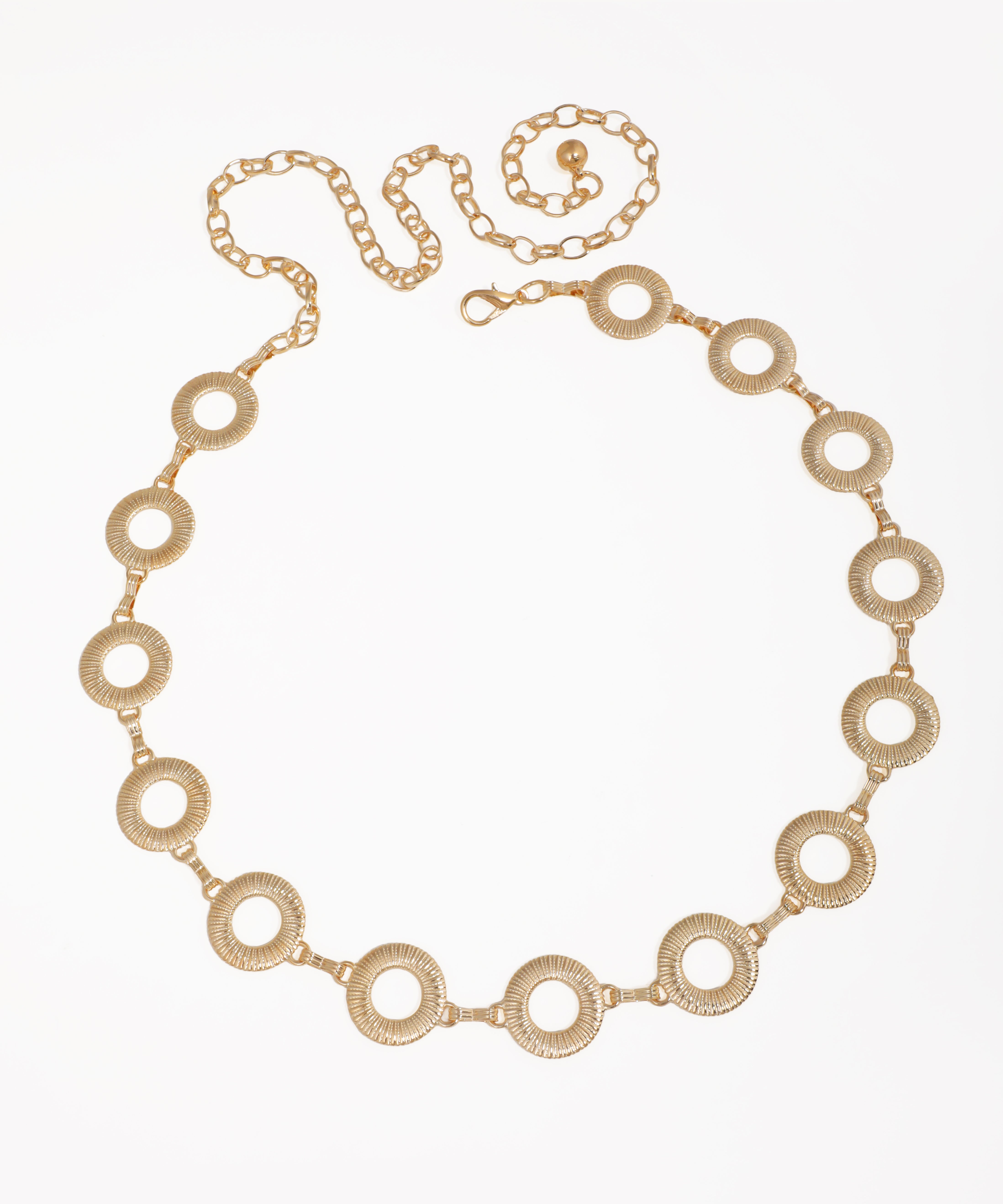 Gold-tone waist chains with interlinked textured rings and adjustable chain length.