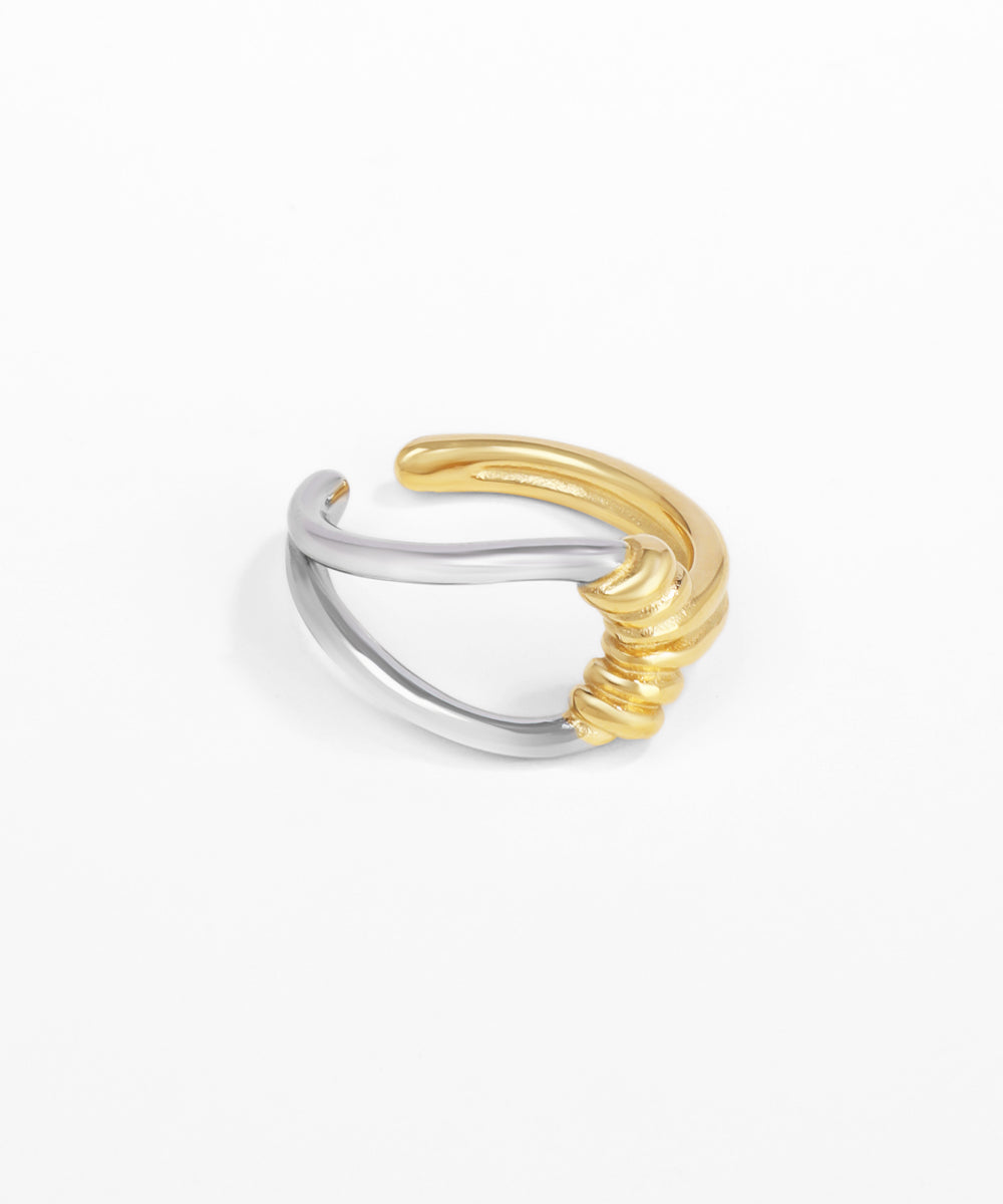 Two-toned gold and silver ring on a white background