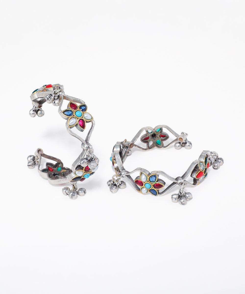 Oxidised bangles with colorful floral stone inlay and small dangling ghungroo bells