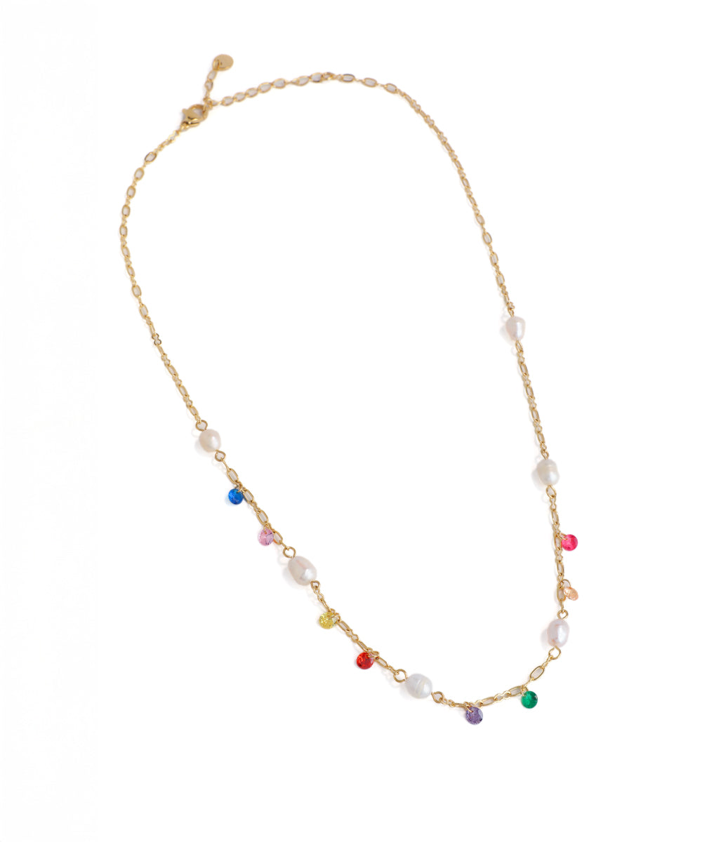 Necklace with multicolored beads on a white background