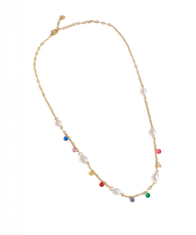 Necklace with multicolored beads on a white background