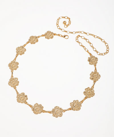 Gold-tone waist chains with delicate floral link pattern and adjustable chain closure