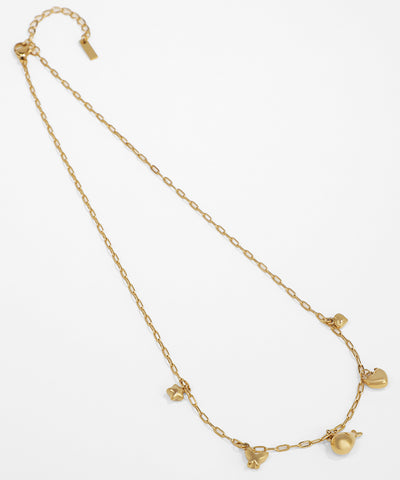 Gold necklace with heart-shaped pendants on a white background