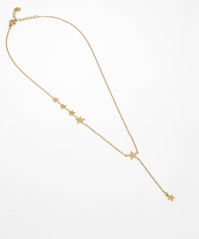 Gold necklace with star-shaped pendants on a white background