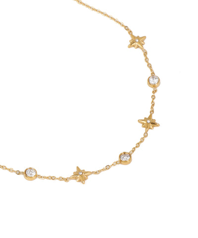 Gold necklace with star-shaped pendants on a white background