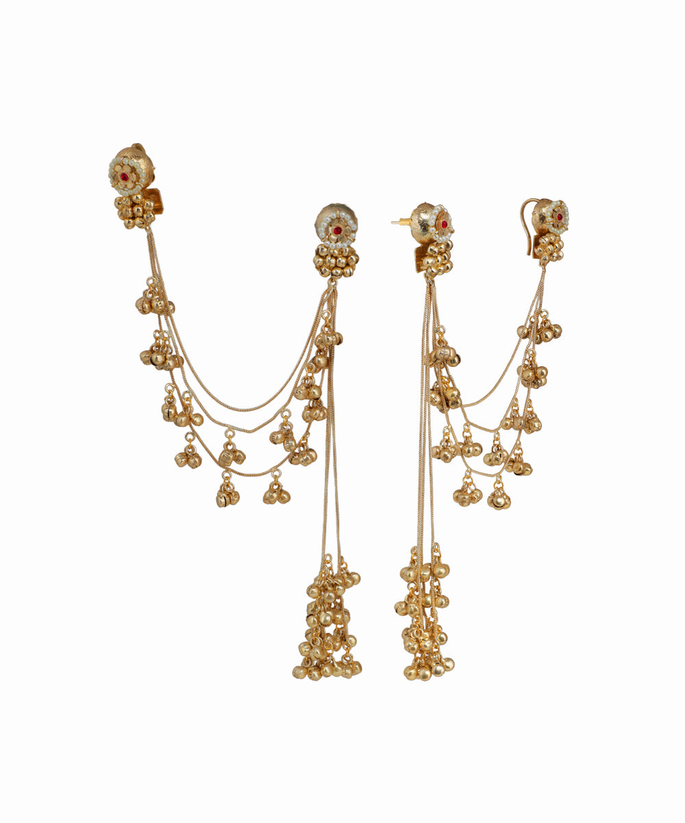 Gold-tone Kashmiri Jhumka earrings with multi-layered bell chains and floral stud with red and clear stones