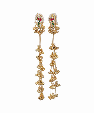 Pair of gold earrings with gemstones on a white background