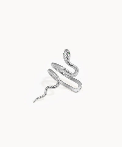 Silver snake-shaped earring on a white background