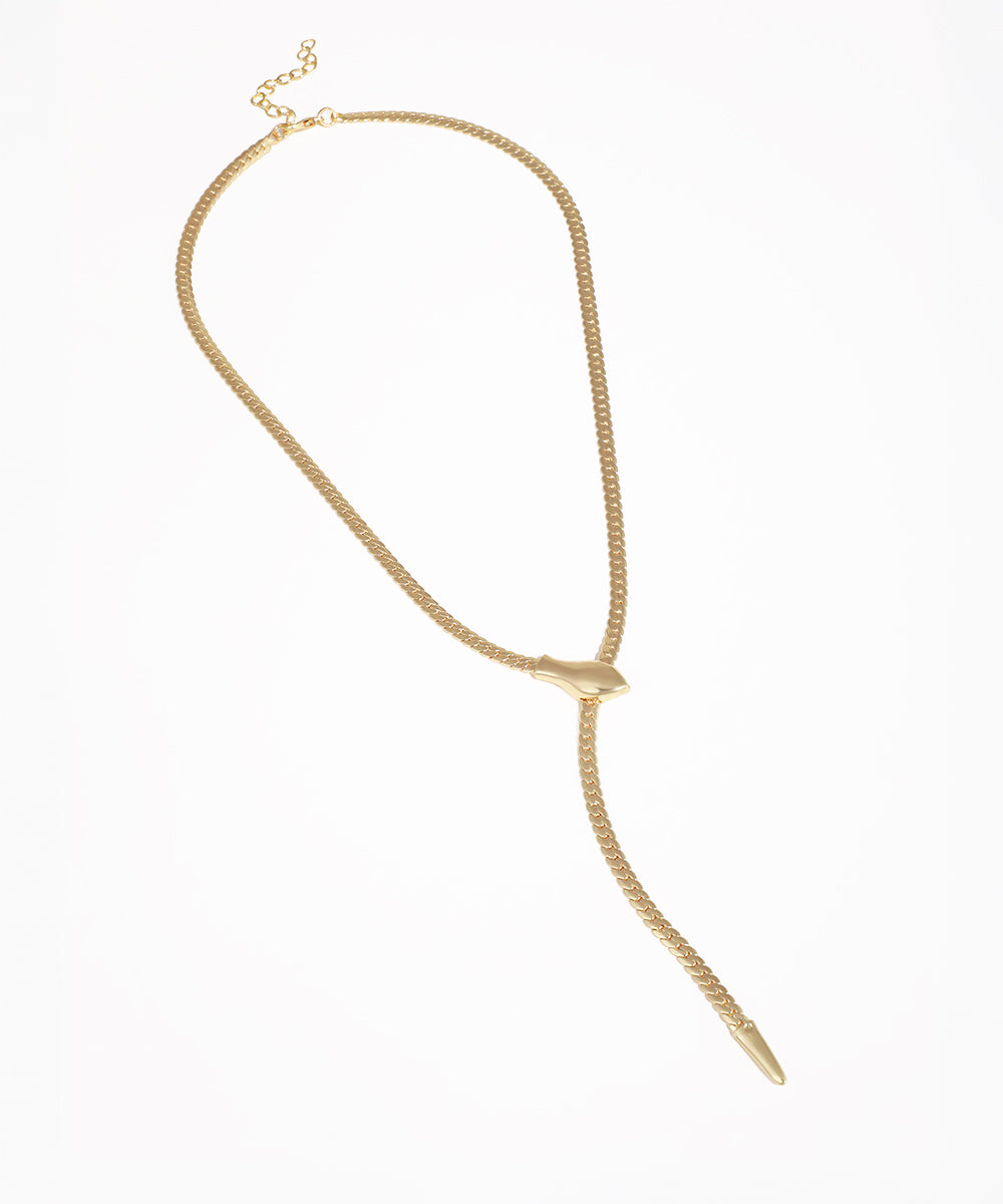 Gold-tone necklace with an adjustable slider and flat chain, forming a lariat style