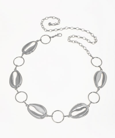 Silver necklace with shell-like links on a white background
