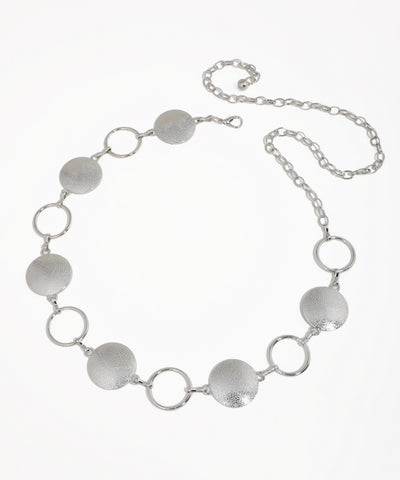 Silver-tone waist chain with textured disc and smooth ring links, lobster clasp