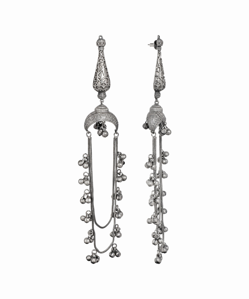Oxidised silver-tone drop earrings with intricate dome design, chains, and ghungroo bells