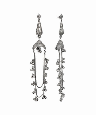 Oxidised silver-tone drop earrings with intricate dome design, chains, and ghungroo bells