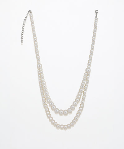 Rhodium finish double layered necklace with varied size faux pearls and extender chain