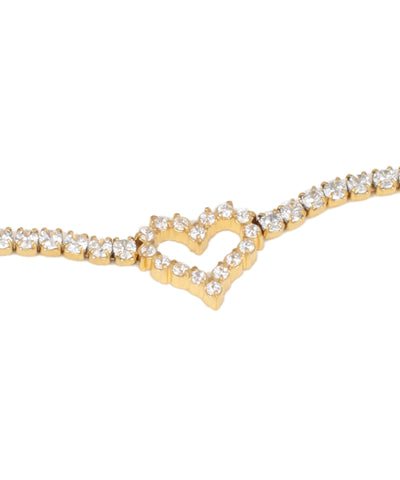 Gold bracelet with heart design and clear stones on a white background