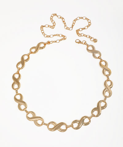 Gold-tone waist chain with interlinked infinity symbol design and adjustable clasp