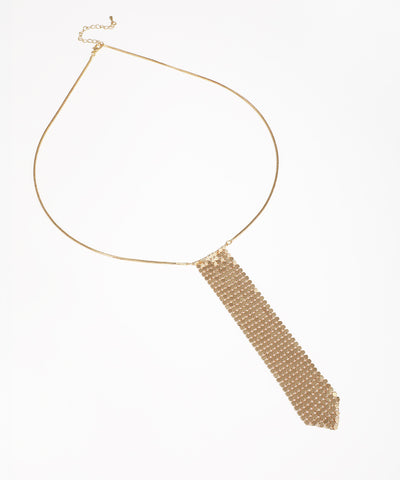 Gold-tone necklace with a long, flexible mesh panel drop and a slim chain