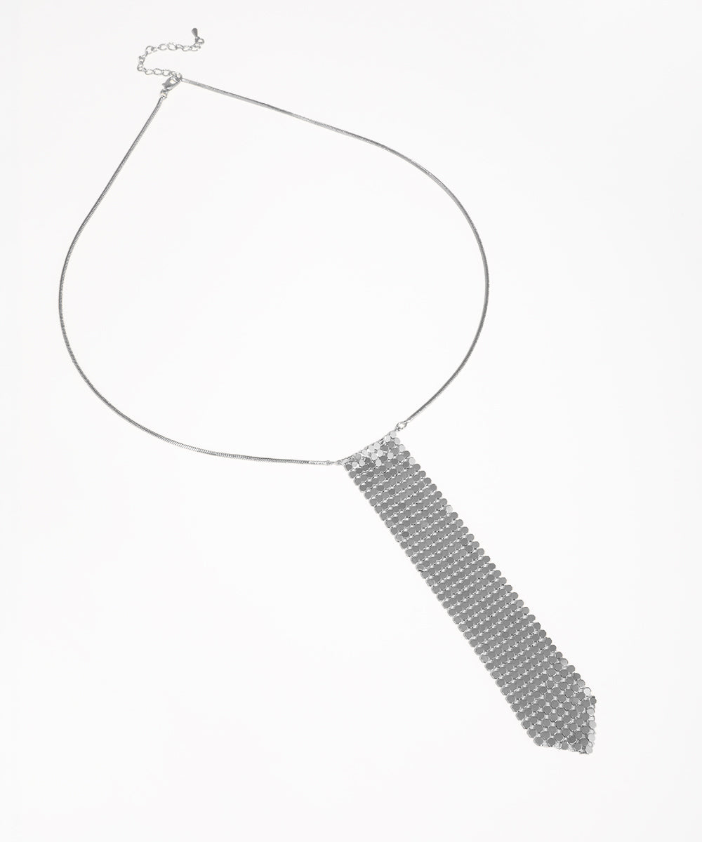 Necklace with a rectangular, beaded pendant on a white background