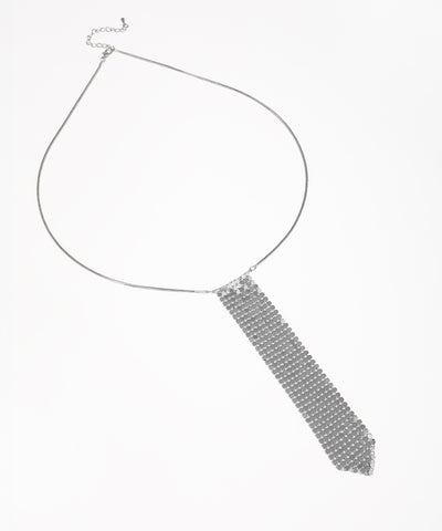 Necklace with a rectangular, beaded pendant on a white background