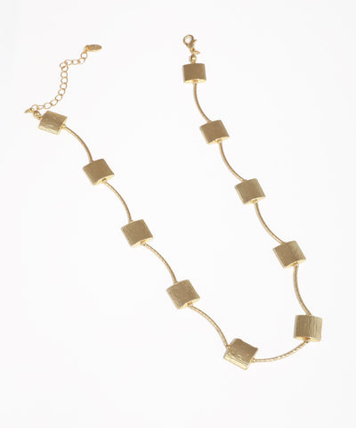 Gold-tone necklace with brushed square blocks and a delicate chain