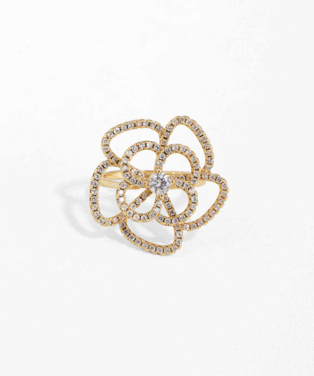 Gold-tone ring with intricate openwork floral design and pavé set CZ stones