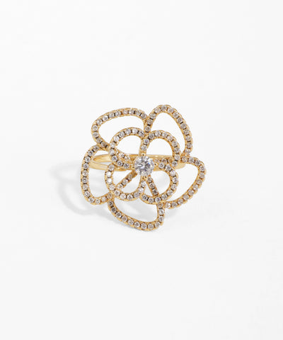 Gold-tone ring with intricate openwork floral design and pavé set CZ stones