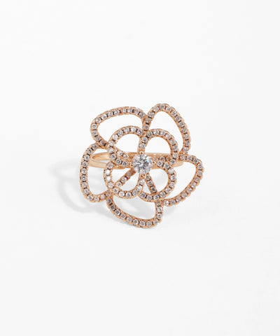 Rose gold ring with diamond accents on a white background