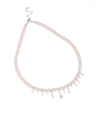 Rhodium finish necklace with blush faux pearls and dangling CZ crystal elements