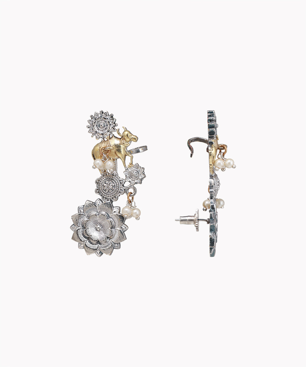 Gold-tone bull and silver-tone lotus ear climber earrings with faux pearls