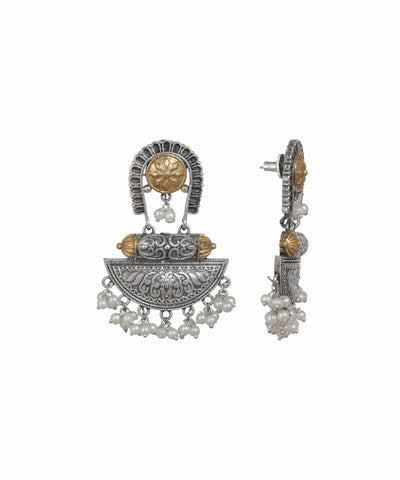 Oxidised silver-tone earrings with gold-tone floral motif and small faux pearl drops
