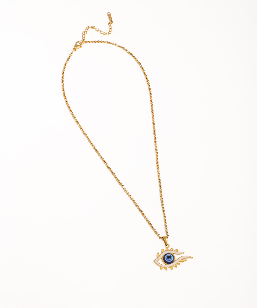 Gold-tone necklace with a stylized white and blue evil eye pendant