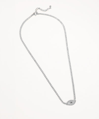 Silver necklace with a small pendant on a white background