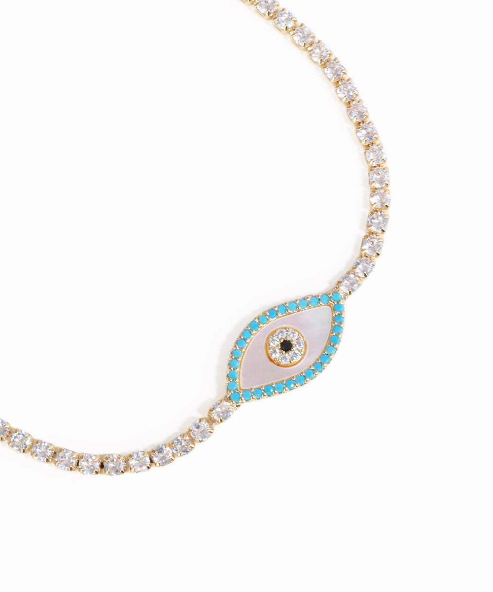 Necklace with a decorative evil eye pendant on a white background