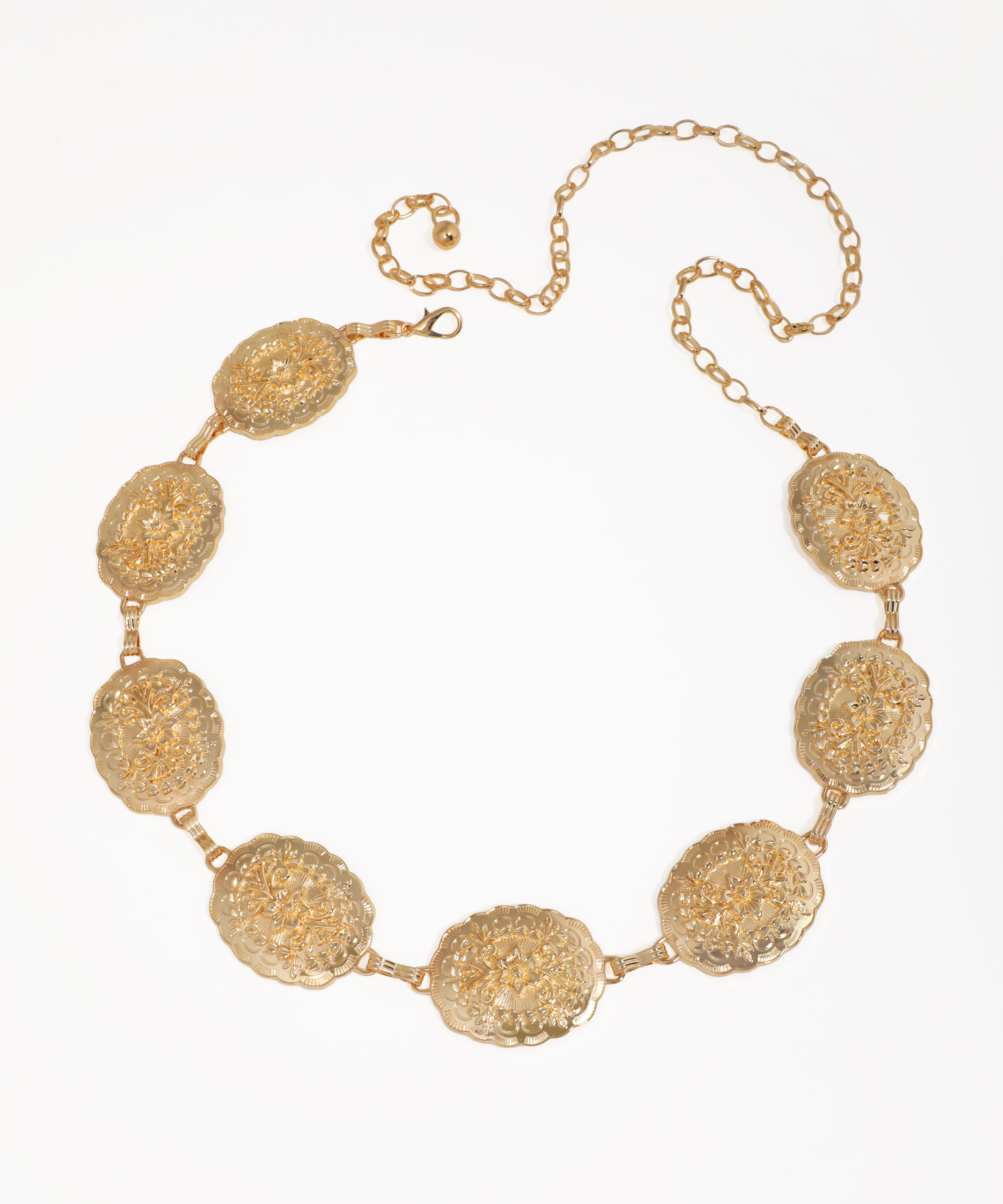Gold-tone waist chain with embossed oval floral medallions