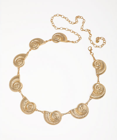 Gold-tone waist chains with detailed spiral shell medallions and adjustable lobster clasp closure