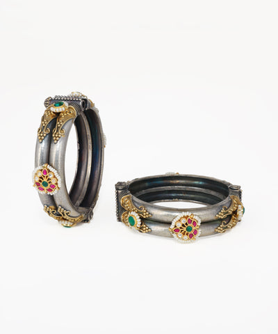Floral Motif Oxidised Bangle Bracelet Set for Women | Stylika
