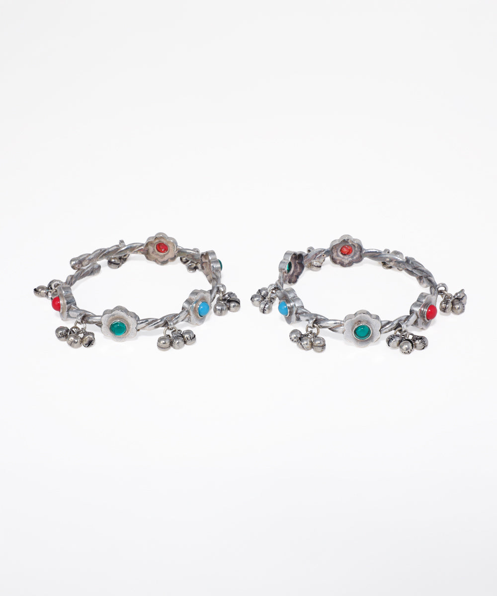 Oxidised bangles with twisted design, colorful floral stones, and dangling ghungroo charms