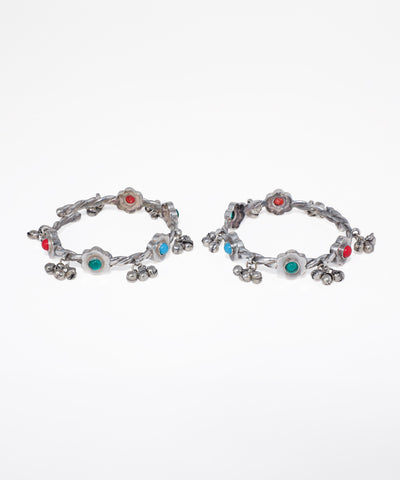 Oxidised bangles with twisted design, colorful floral stones, and dangling ghungroo charms