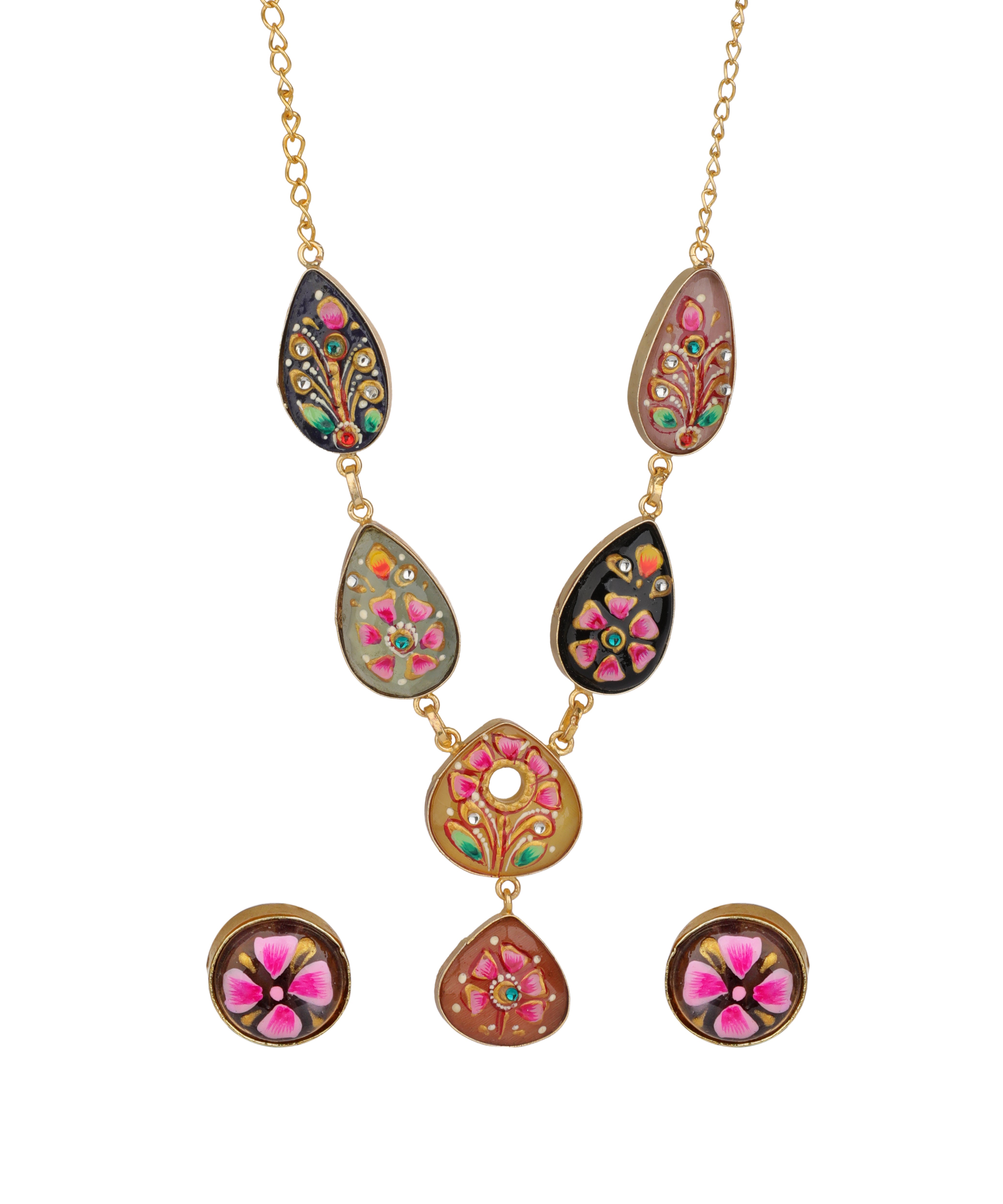 Gold-toned statement necklace with three teardrop-shaped and oval enamel pendants, plus three matching round drop earrings, featuring pink, green, and orange floral details on a white background.