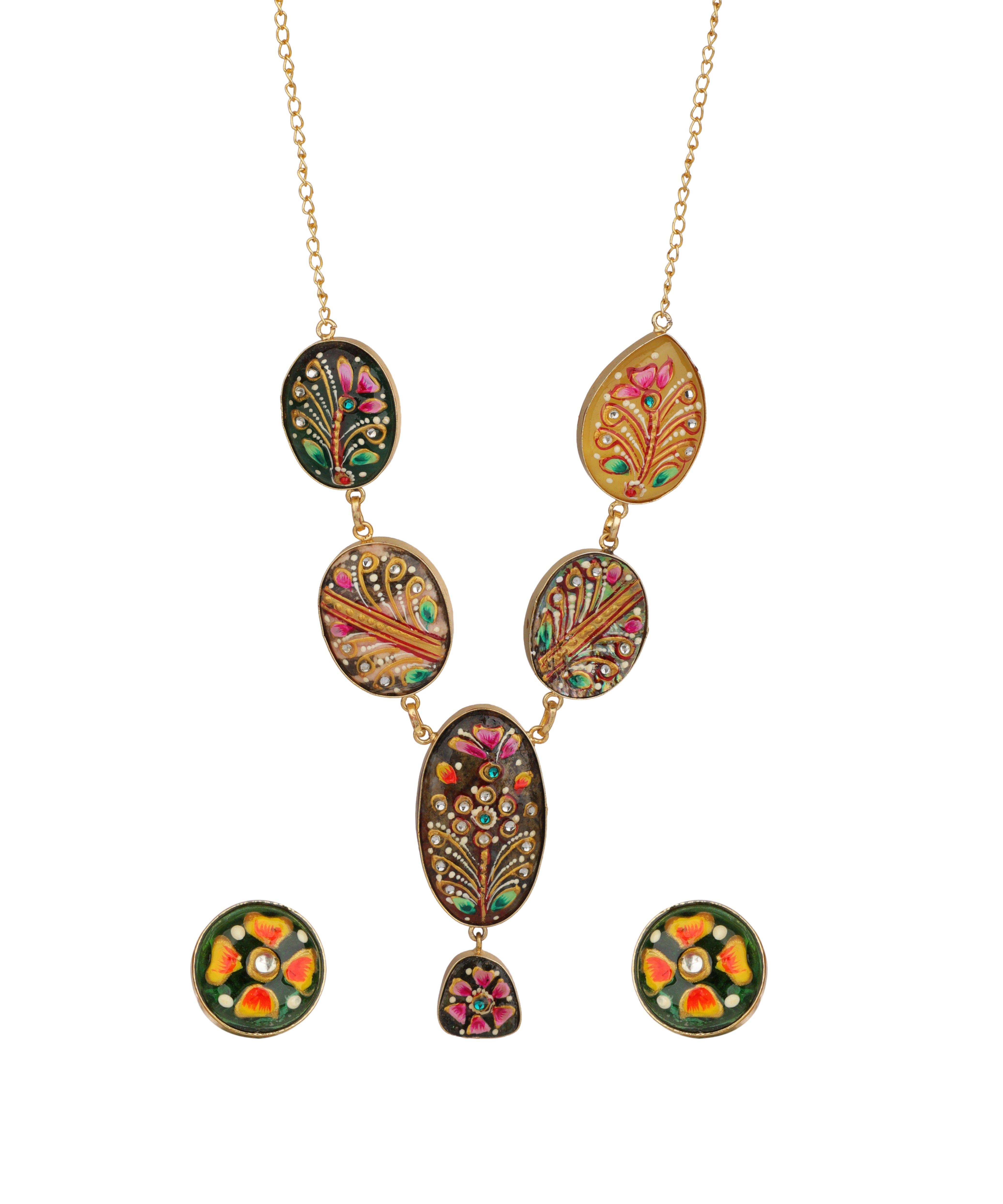 A gold-tone necklace with five oval and teardrop-shaped enamel charms featuring intricate floral and leaf patterns in pink, green, orange, and yellow, shown with matching round stud earrings on a plain white background.